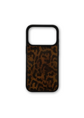 A phone case featuring a distressed brown and black leopard print pattern, framed by a solid black bumper edge, shown on a plain white background.