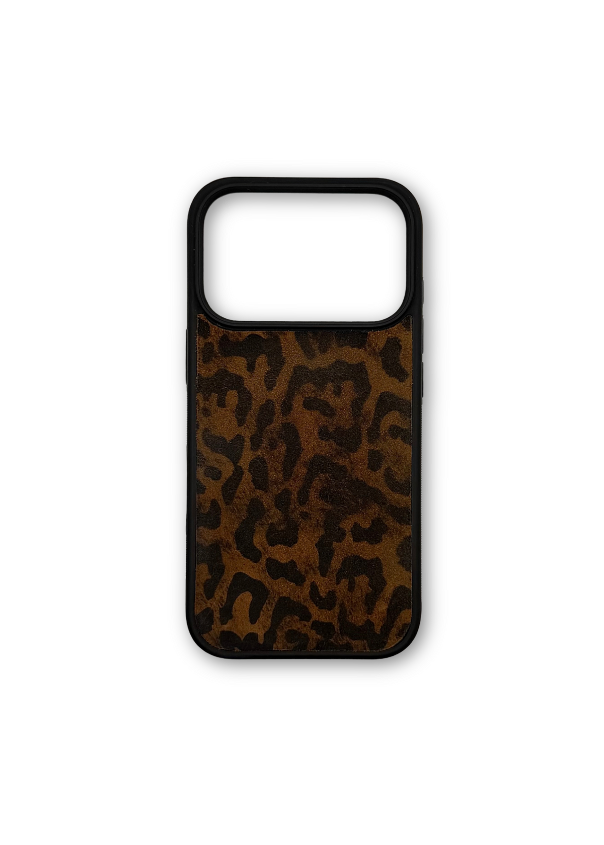 A phone case featuring a distressed brown and black leopard print pattern, framed by a solid black bumper edge, shown on a plain white background.