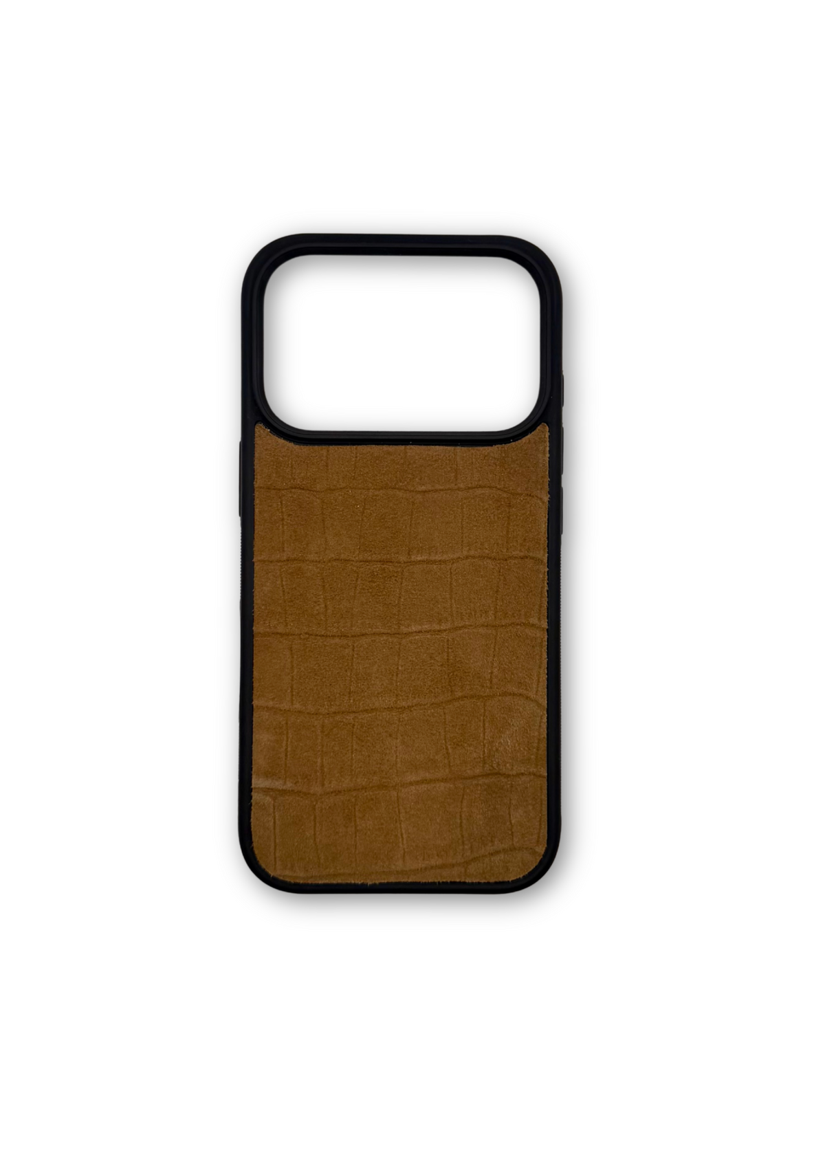 A brown crocodile-embossed leather phone case with a black bumper frame, shown on a plain white background.