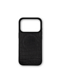 A black crocodile-embossed leather phone case with a precise camera cutout, shown on a solid white background.