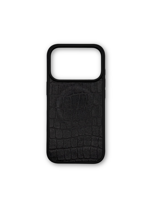 A black crocodile-embossed leather phone case with a precise camera cutout, shown on a solid white background.