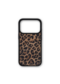 A phone case featuring a brown and black leopard print pattern with a solid black border, shown on a plain white background.