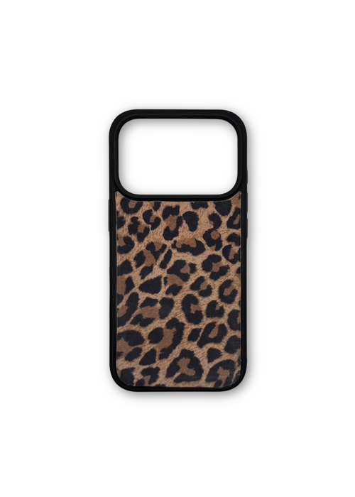 A phone case featuring a brown and black leopard print pattern with a solid black border, shown on a plain white background.